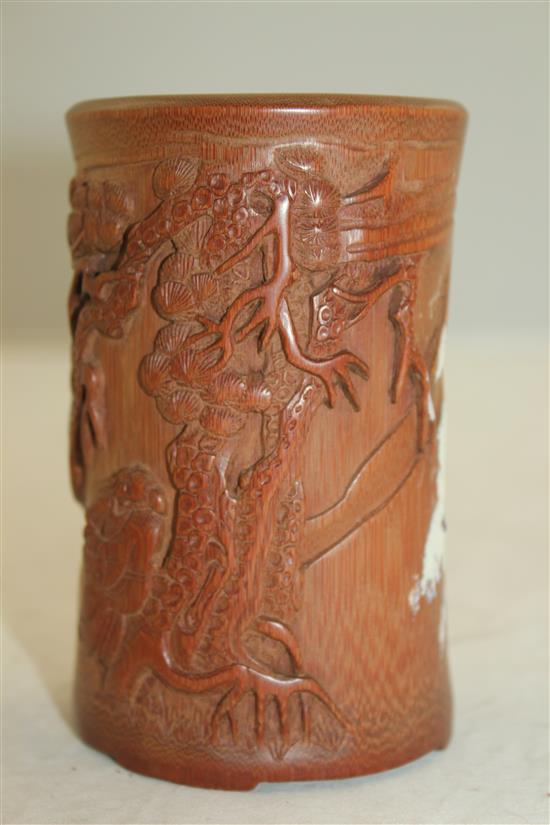 A Chinese bamboo brush pot, 12.2cm